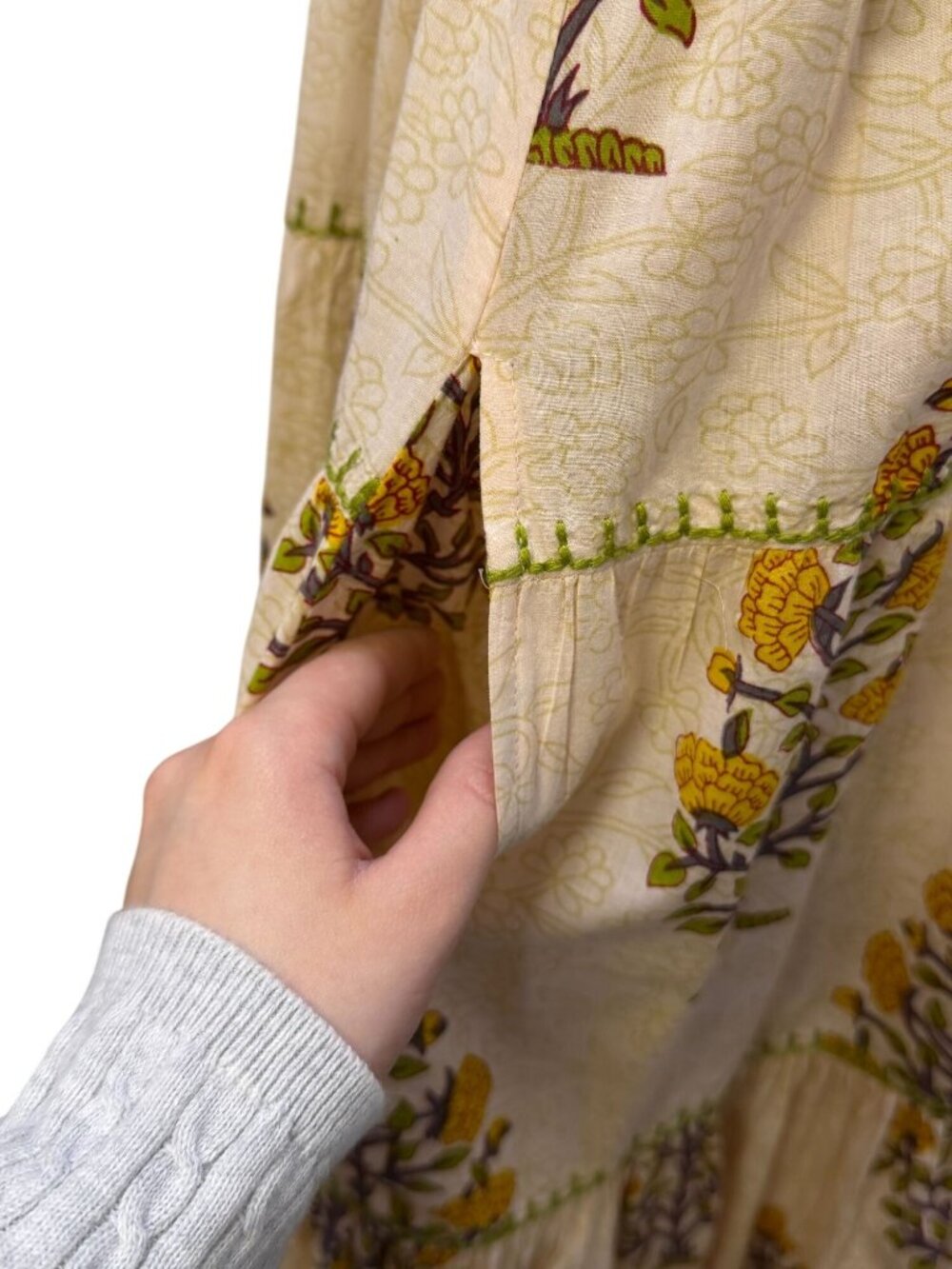 Sister Mary Dress Cream Green Floral Embroidered Boho Maxi M - Picture 6 of 8